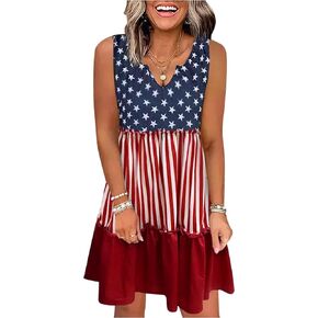 GREFLYING العلم الأمريكي ستار عمودي مخطط الربط تكدرت فستان قصير يوم الاستقلال كتلة اللون الصيف فستان الشمس in Kuwait