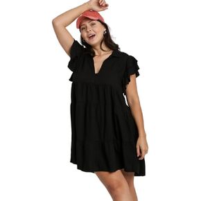 Umgee Linen Blend Collar Split Neck Short Ruffle Sleeves Tiered Dress