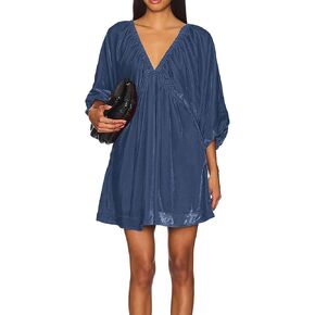 R.Vivimos Womens Fall Velvet Tunic Dress 2025 Trendy Sexy Deep V Neck 3/4 Sleeve Elastic Waist Loose Mini Dress with Pockets