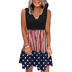 GREFLYING American Flag Star Vertical Striped Splicing Ruffled Mini Dress Independence Day Color Block Summer Sundress