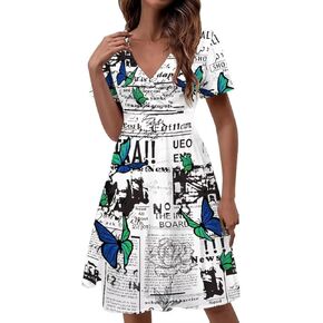 Pinupub Women Short Sleeve Wrap V Neck Dress Novelty Cute Graphic Casual Aloha Luau Party Dresses