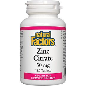 Natural Factors - Zinc Citrate 50mg, Support for Healthy Skin & Immune Function, 180 Tablets