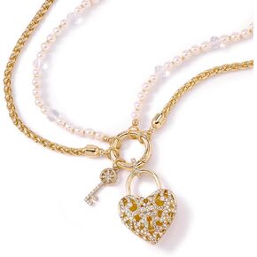 JTV Gold Tone and Pearl Chain Heart Lock and Key Necklace - Charm Necklace for Women - Lock Necklace for Women - Gold and Pearl Necklace - Double Chain Necklace for Women - Adjustable Necklace