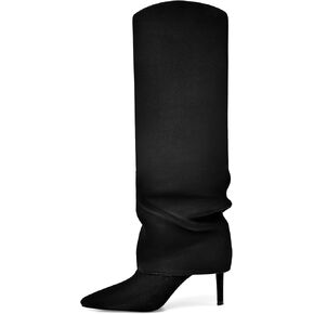 Vaslemuse Womens Fold Over Knee High Slouchy Boots Stiletto High Heel Tall Boots Pointed Toe Side Zipper Sexy Long Boots Fashion Dress Shoes