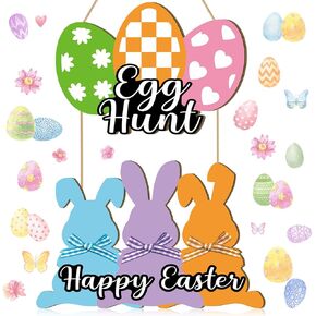 Marsui Easter Wall Decoration Happy Easter Bunny Hanging Wall Decor Large Easter Egg Rabbit Wooden Door Sign Rustic Bunny Wood Hanging Sign Plaque Hanger for Front Door Home Porch Indoor Outdoor Decor