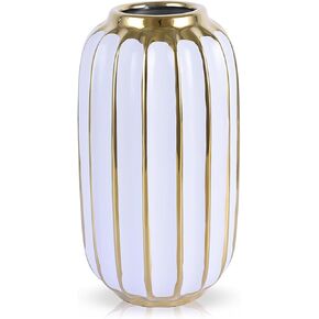 White and Gold Ceramic Vase, Neutral Minimalist Vase for Dining Room Table Centerpiece Dining Room,Single Flower Vase Pampas Grass Decorative, Porcelain Bottle Rustic Style (White and Gold)