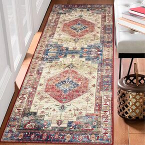 IMINROME Runner Rug 2x6 Rug Vintage Machine Washable Thin Rug Soft Lightweight Hallway Runner Non Slip Non Shedding Bedside Rug Traditional Laundry Bathroom Runner Mat Distressed Carpet, Green