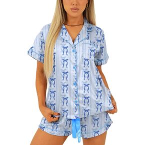 Women Y2k Pajama Set Bow Print Short Sleeve Button Down Shirts Shorts Cute 2 Piece Matching Pjs Sleepwear