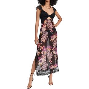 Women's Printed Backless Bodycon Maxi Dress Sleeveless V-Neck Cutout Lace Patchwork Summer Party Long Dress