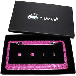 OTOSTAR 7 Row Pure Handmade Waterproof Bling Bling Rhinestones Stainless Steel Metal License Plate Frame with 2 Holes with Matching Screws Caps (hotpink)