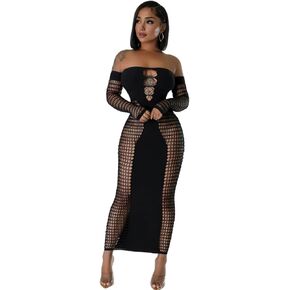 Sexy Long Sleeve Bodycon Dress Hollow Out See Through Mesh Party Dress Sheer Club Maxi Dress