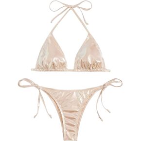 SOLY HUX Bathing Suit for Women Metallic Halter Top Two Piece Swimsuit Tie Side Triangle Thong Bikini Swimwear