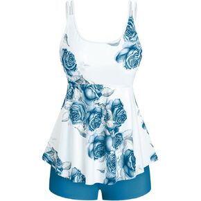 Rosegal Women Plus Size Modest Tankini Swimsuit Rose Print Boyleg Swimwear Padded Boyshorts Bathing