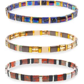 Sonateomber Tila Flat Beaded Stretch Stack Bracelets Set for Women, 3Pcs Trendy Stackable Colorful Glass Square Beads Bracelet Friendship Accessories Jewelry Gift