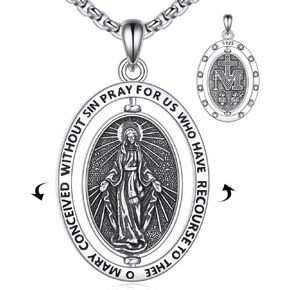 Virgin Mary Necklace 925 Sterling Silver Mother Mary Necklace Virgin Mary Medal Pendant Protection Religious Amulet Necklace Virgencita Jewelry Gifts for Men Women