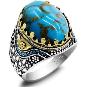 Retro Natural Turquoise Ring for Men, 925 Sterling Silver Oval Sky Blue Stone Statement Ring,Turkish Vintage Engraving Design Handmade Jewelry,Vintage Gemstone Valentines Day Anniversary Birthday Gifts for Him