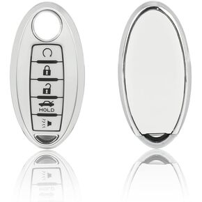 1797 Key Fob Cover Compatible with Nissan Altima Rogue Sentra Pathfinder Maxima Titan Murano Accessories Car Remote Case Shell Protector Girly Cute 5 Button White Silver TPU