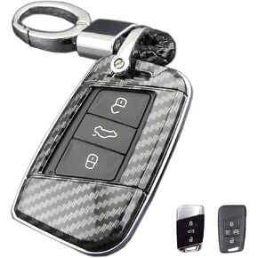 For Volkswagen VW Key Fob Cover, ABS Carbon Fiber Pattern Car Key Case Protector for 2017-2022 2023 VW Atlas Jetta Passat Tiguan Arteon Golf Skoda Kodiaq Superb with Keychain