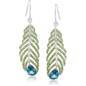 Ross-Simons 5.50 ct. t.w. London Blue Topaz and 3.30 ct. t.w. Green Tourmaline Feather Earrings in Sterling Silver