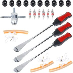 8MILELAKE 11.5" Steel Tire Spoons Tool Kit, Motorcycle Dirt Bike Tire Changing Set Include 3 Tire Spoons, 3 Rim Protectors, 1 Valve Tool, 6 Valve Cores, 10 Valve Caps and 1 Black Bag