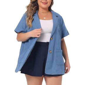 Agnes Orinda Plus Size Denim Shirt for Women Front Lapel Short Sleeve Button Down Chambray Shirts
