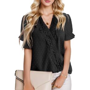Chiffon Blouse for Womens Dressy Casual Short Sleeve Lace Shirt V Neck Swiss Dot Top