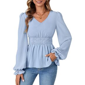 Vrtige Women's V Neck Smocked Elastic Waist Puff Long Sleeve Ruffle Peplum Top Blouse