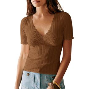 Imily Bela Womens Short Sleeve Sweaters Summer Casual V Neck Slim Fit Knit Lightweight Pullover Tops
