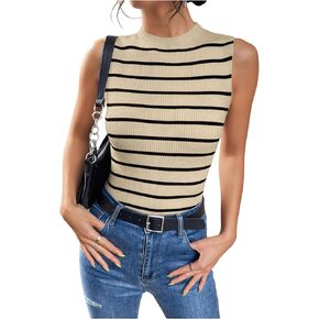 SOLY HUX Women's Striped Tank Top Mock Neck Sleeveless Split Fitted Summer Tops