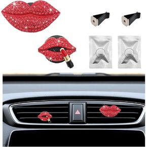 2 PCS Bling Car Air Vent Clip, Crystal Red Lips Air Freshener Outlet Diffuser Clip, Auto Air Conditioning Clip Charm Decoration for Women Girls, Interior Car Accessories (Pink)