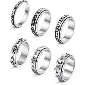 ORAZIO 6Pcs Fidget Band Rings for Women Men Stainless Steel Spinner Anxiety Ring Moon Star Ring Stress Relieving Wedding Promise Spinning Rings Set