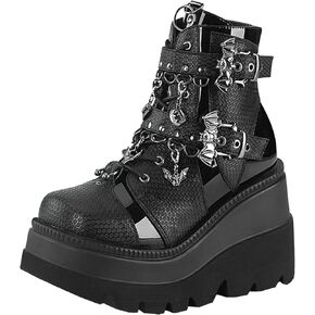 Meefit Women Wedged Boots Goth Lace Up Combat Platform Ankle Boots High Heels Punk Boots