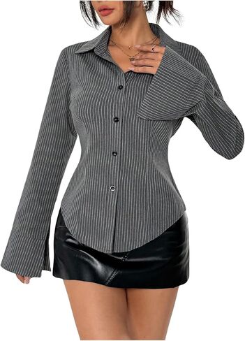 OYOANGLE Women's Stripe Print Button Down Shirts Flare Long Sleeve Collared Blouse Trendy Work Shirt in Saudi Arabia