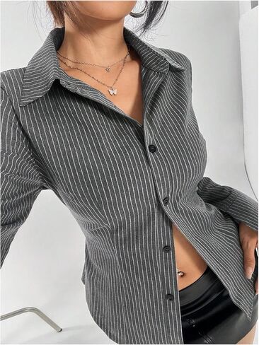OYOANGLE Women's Stripe Print Button Down Shirts Flare Long Sleeve Collared Blouse Trendy Work Shirt in Saudi Arabia