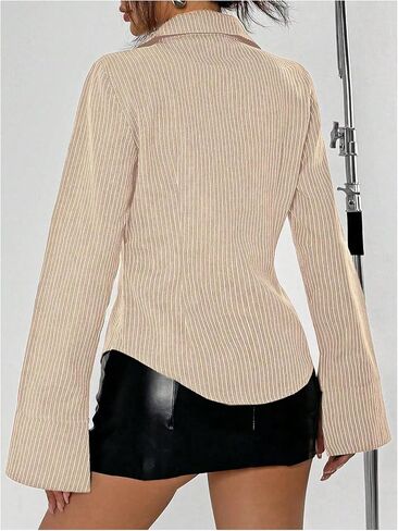 OYOANGLE Women's Stripe Print Button Down Shirts Flare Long Sleeve Collared Blouse Trendy Work Shirt in Saudi Arabia