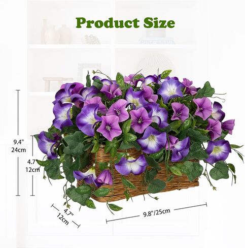 Briful Fake Floral Centerpieces for Tables Artificial Potted Morning Glory Silk Flowers with Woven Rattan Basket Faux Flower Arrangement for Home Office Room Shelf Kitchen Decor(Lavender Purple) in Kuwait