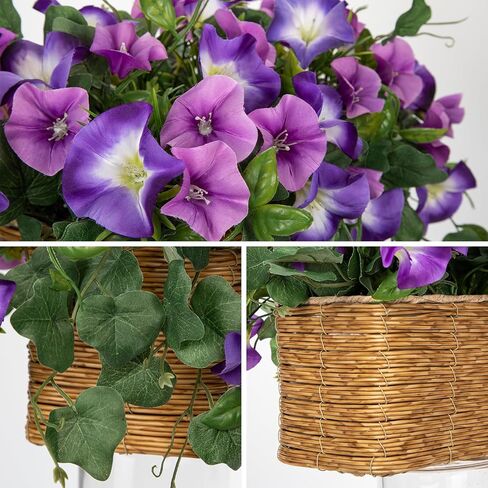 Briful Fake Floral Centerpieces for Tables Artificial Potted Morning Glory Silk Flowers with Woven Rattan Basket Faux Flower Arrangement for Home Office Room Shelf Kitchen Decor(Lavender Purple) in Kuwait