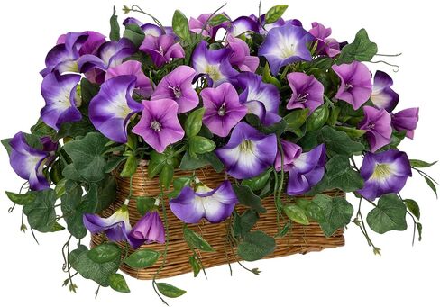 Briful Fake Floral Centerpieces for Tables Artificial Potted Morning Glory Silk Flowers with Woven Rattan Basket Faux Flower Arrangement for Home Office Room Shelf Kitchen Decor(Lavender Purple) in Kuwait