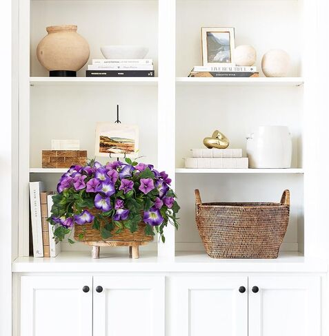 Briful Fake Floral Centerpieces for Tables Artificial Potted Morning Glory Silk Flowers with Woven Rattan Basket Faux Flower Arrangement for Home Office Room Shelf Kitchen Decor(Lavender Purple) in Kuwait