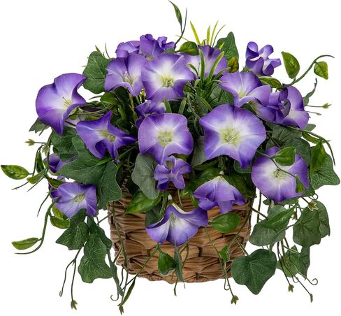 Briful Fake Floral Centerpieces for Tables Artificial Potted Morning Glory Silk Flowers with Woven Rattan Basket Faux Flower Arrangement for Home Office Room Shelf Kitchen Decor(Lavender Purple) in Kuwait
