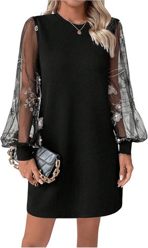 MakeMeChic Women's Elegant Floral Print Contrast Mesh Sheer Lantern Sleeve Dresses Crew Neck Tunic Dresses in Kuwait