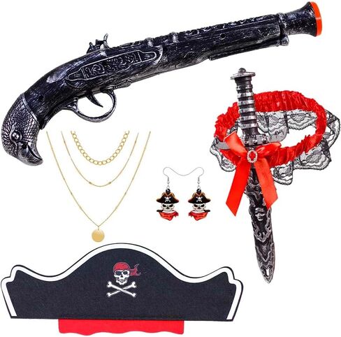 5 PCS Womens Pirate Costume Pirate Gun Pirate Sword with Lace Bow Pirate Hat Pirate Necklace Pirate Earrings Pirate Costume Women Pirate Accessories Women Pirate Costume Accessories (GREY) in Saudi Arabia