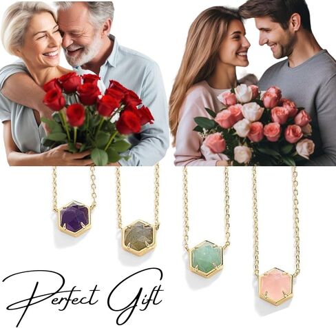 QUADRI 14K Gold Plated Necklace Gemstone Pendant - Dainty Necklaces for Women - Amethyst, Green Fluorite, Labradorite, Rose Quartz - Pendant Necklace for Women - Length: 16"+ 2" extension in Kuwait