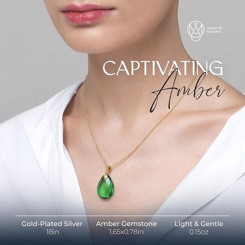 Green Amber Pendant Necklace for Women, Gold Plated Sterling Silver 925 Chain, Polished Gemstone Pendant, Dainty Womens Jewelry in Kuwait