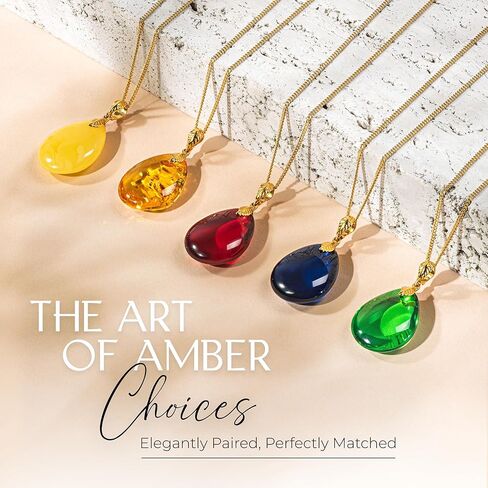 Green Amber Pendant Necklace for Women, Gold Plated Sterling Silver 925 Chain, Polished Gemstone Pendant, Dainty Womens Jewelry in Kuwait