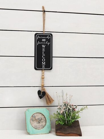 Farmhouse Metal Sign with Sayings- Friends and Family Welcome, Small Hanging Decor with Wood Bead Accent, Twine, Tassel and Wood Heart in Saudi Arabia