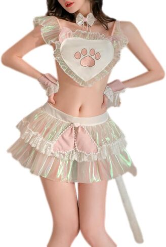 Lolita Kawaii Cat Lingerie Skirt and Top Set for Women Nighties Naughty Sexy Boudoir Outfits Anime Cosplay Costume in Kuwait