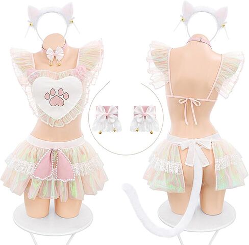 Lolita Kawaii Cat Lingerie Skirt and Top Set for Women Nighties Naughty Sexy Boudoir Outfits Anime Cosplay Costume in Kuwait
