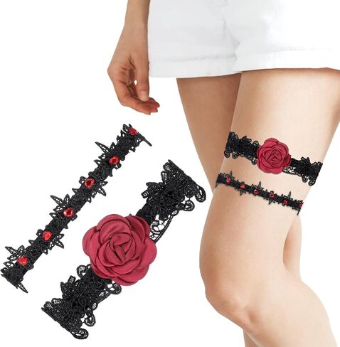 ارتفع الزفاف الأربطة، 2 حزمة الأربطة الزفاف للعروس الأزهار الدانتيل الفخذ الرباط مع حجر الراين الأحمر الزفاف الرباط الحزام الأسود الدانتيل الزفاف الساق الأربطة مجموعة للنساء الفتيات العروس حفلة موسيقية الملحقات in Saudi Arabia