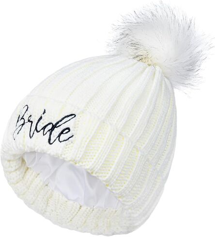 Bride Hat, Bride Hats for Bachelorette Party Womens Winter Warm Knitted Beanie Hats with Faux Fur Pom Pom Skull Cap in Saudi Arabia